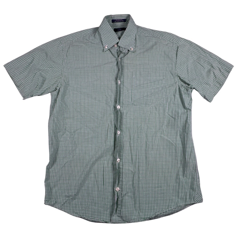 Lincs Short Sleeve Men's Button‎ Down Green and White Plaid Shirt Size Small